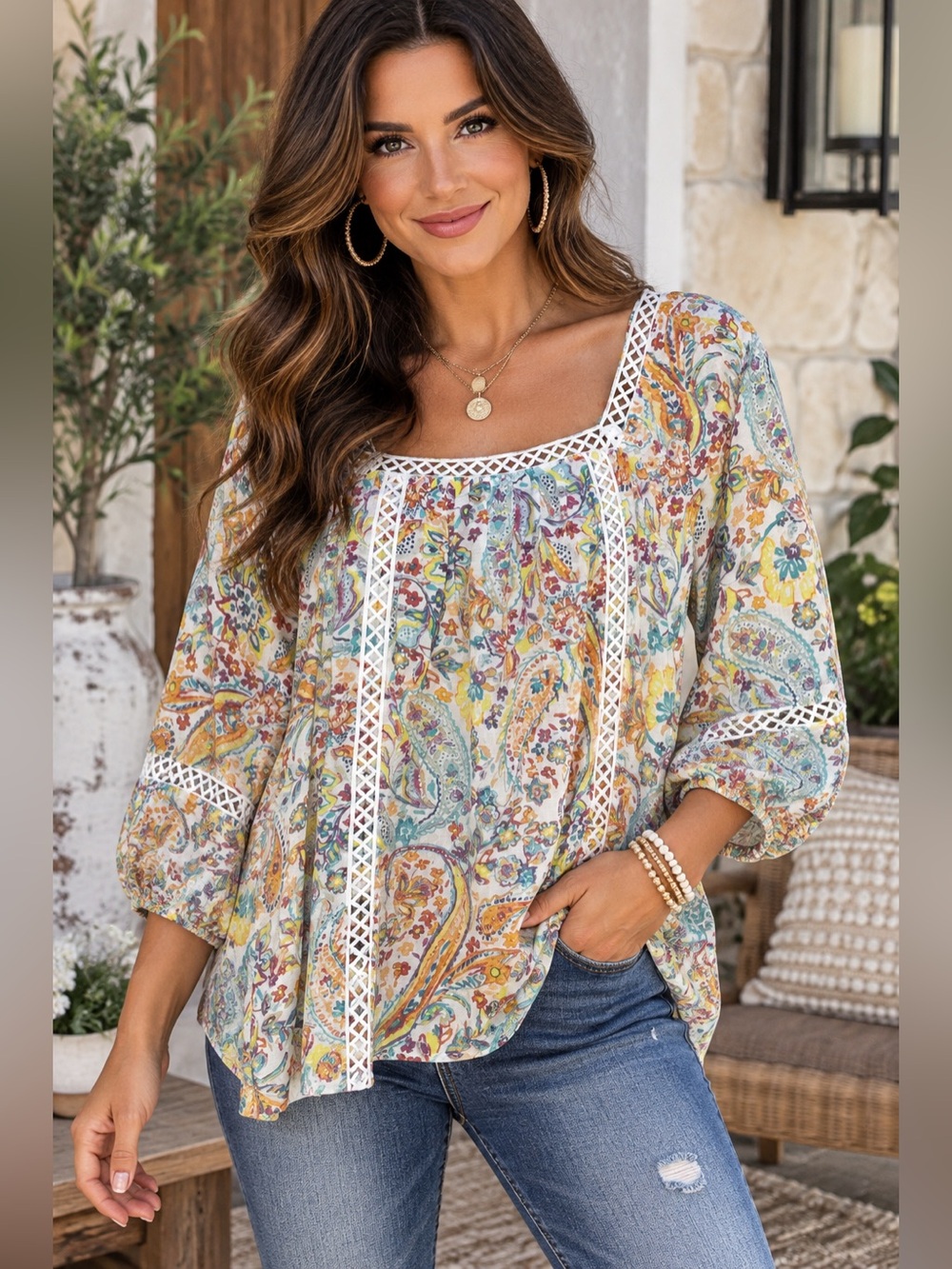 ZAC & RACHEL Boho Paisley Crochet Trim Blouse – Size L – NWOT A36